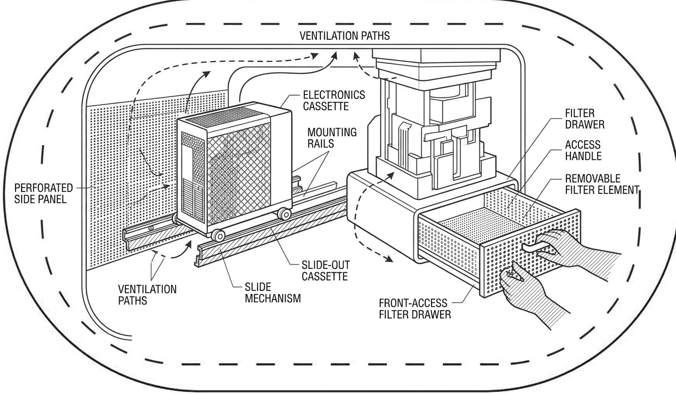 A technical line drawing of a kiosk interior showing two removable modules: a slide-out electronics cassette on rails and a front-access filter drawer. Vent paths and a perforated side panel are indicated.