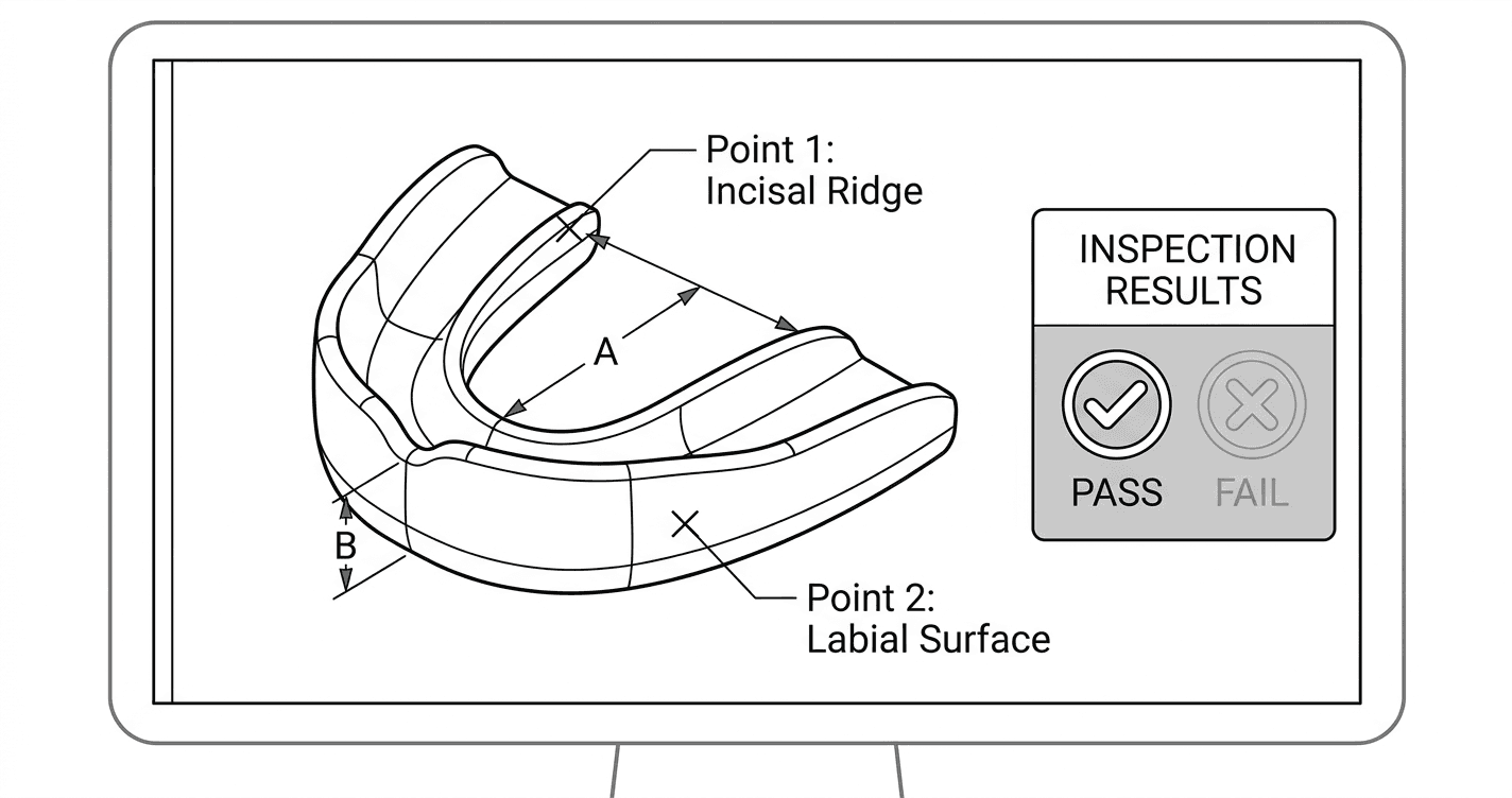 A close-up of a computer screen showing a CAD model of a mouthguard with highlighted measurement points and an inspection pass/fail panel.
