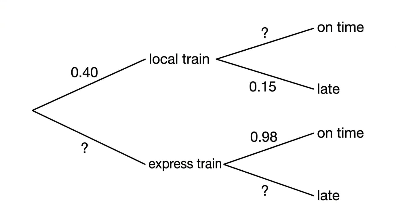 probability tree showing local and express train options with three probabilities missing
