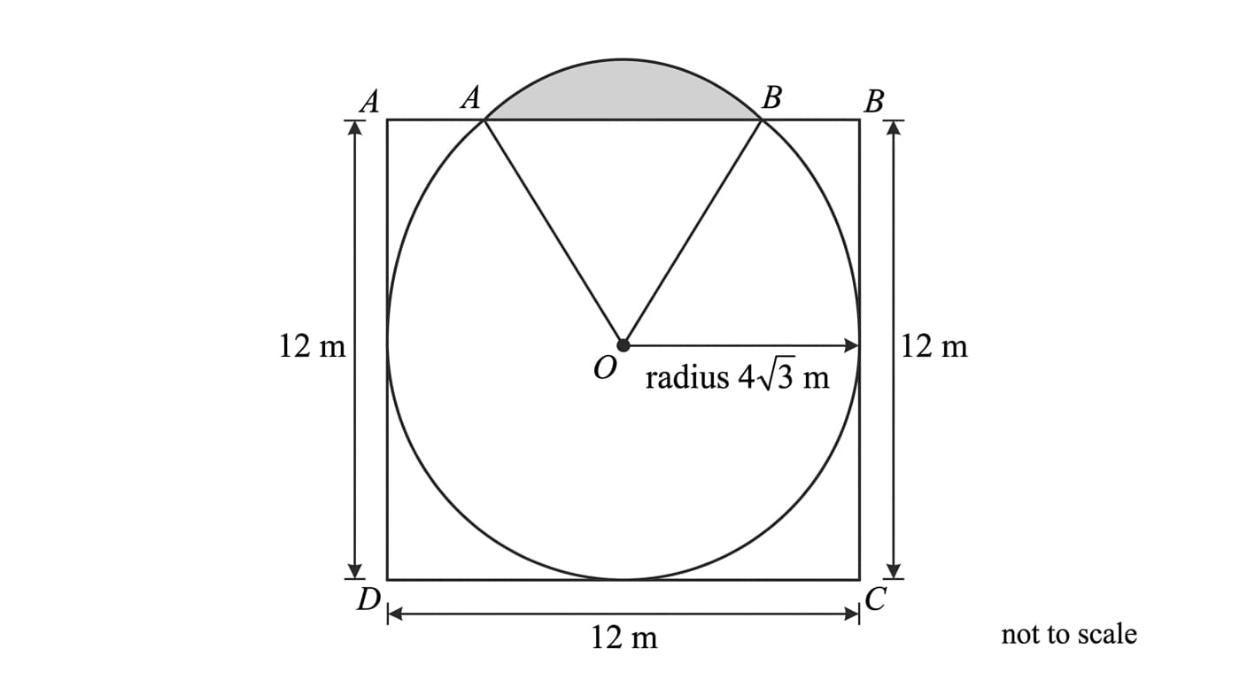 square lawn with a spray circle centered at O, intersecting the top side at A and B, with the outer circular segment shaded