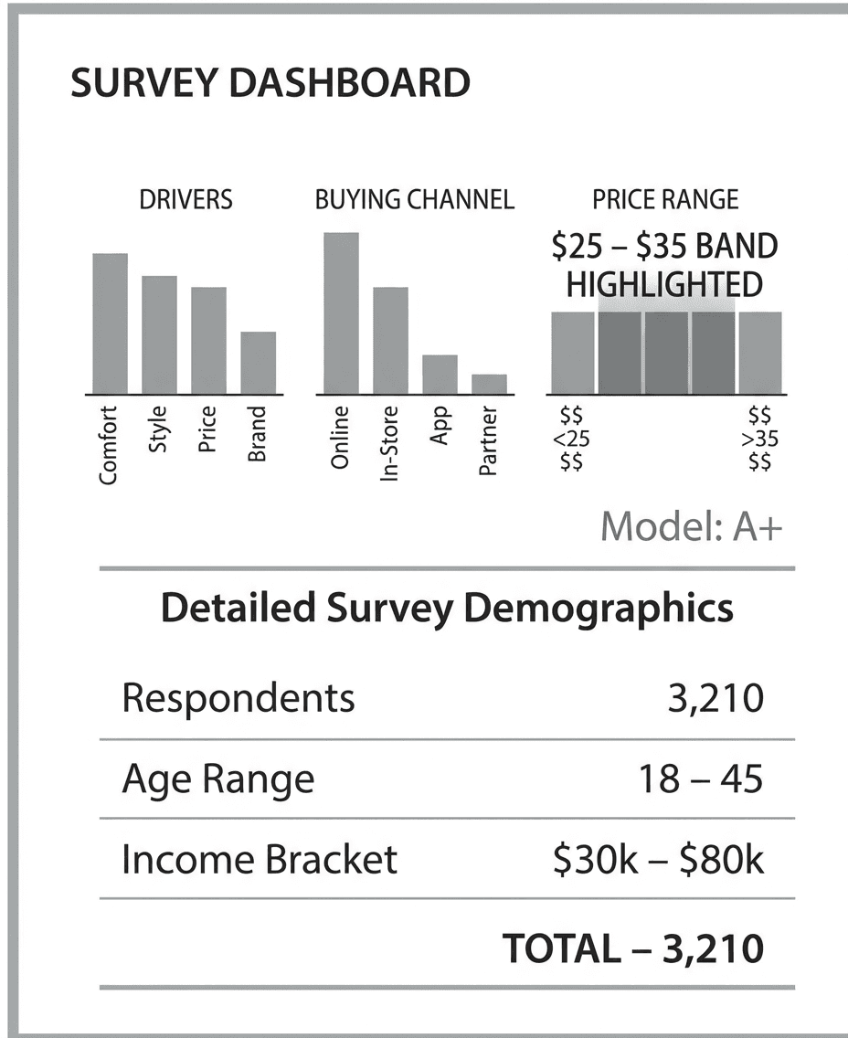 survey dashboard with bar charts for drivers, buying channel, and a price range band highlighted <span class="katex"><span class="katex-html" aria-hidden="true"><span class="base"><span class="strut" style="height:0.6444em;"></span><span class="mord">25</span></span></span></span>–<span class="katex"><span class="katex-html" aria-hidden="true"><span class="base"><span class="strut" style="height:0.6444em;"></span><span class="mord">35</span></span></span></span>