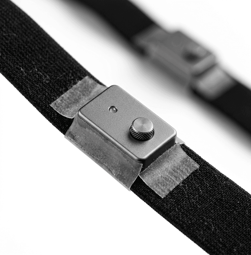 A photo of a simple wearable band prototype with a rectangular module taped onto a black elastic strap, showing a small LED and a button.