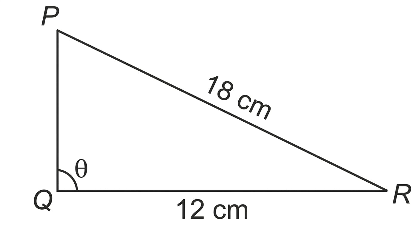 triangle PQR with side <span class="katex"><span class="katex-html" aria-hidden="true"><span class="base"><span class="strut" style="height:0.6833em;"></span><span class="mord mathnormal" style="margin-right:0.1389em;">P</span><span class="mord mathnormal" style="margin-right:0.0077em;">R</span></span></span></span> labelled <span class="katex"><span class="katex-html" aria-hidden="true"><span class="base"><span class="strut" style="height:0.6444em;"></span><span class="mord">18</span><span class="mord text"><span class="mord"> cm</span></span></span></span></span>, side <span class="katex"><span class="katex-html" aria-hidden="true"><span class="base"><span class="strut" style="height:0.8778em;vertical-align:-0.1944em;"></span><span class="mord mathnormal" style="margin-right:0.0077em;">QR</span></span></span></span> labelled <span class="katex"><span class="katex-html" aria-hidden="true"><span class="base"><span class="strut" style="height:0.6444em;"></span><span class="mord">12</span><span class="mord text"><span class="mord"> cm</span></span></span></span></span>, and angle <span class="katex"><span class="katex-html" aria-hidden="true"><span class="base"><span class="strut" style="height:1.1412em;vertical-align:-0.1944em;"></span><span class="mord mathnormal" style="margin-right:0.1389em;">P</span><span class="mord accent"><span class="vlist-t vlist-t2"><span class="vlist-r"><span class="vlist" style="height:0.9468em;"><span style="top:-3em;"><span class="pstrut" style="height:3em;"></span><span class="mord mathnormal">Q</span></span><span style="top:-3.2523em;"><span class="pstrut" style="height:3em;"></span><span class="accent-body" style="left:-0.1667em;"><span class="mord">^</span></span></span></span><span class="vlist-s">​</span></span><span class="vlist-r"><span class="vlist" style="height:0.1944em;"><span></span></span></span></span></span><span class="mord mathnormal" style="margin-right:0.0077em;">R</span></span></span></span> labelled <span class="katex"><span class="katex-html" aria-hidden="true"><span class="base"><span class="strut" style="height:0.6944em;"></span><span class="mord mathnormal" style="margin-right:0.0278em;">θ</span></span></span></span>