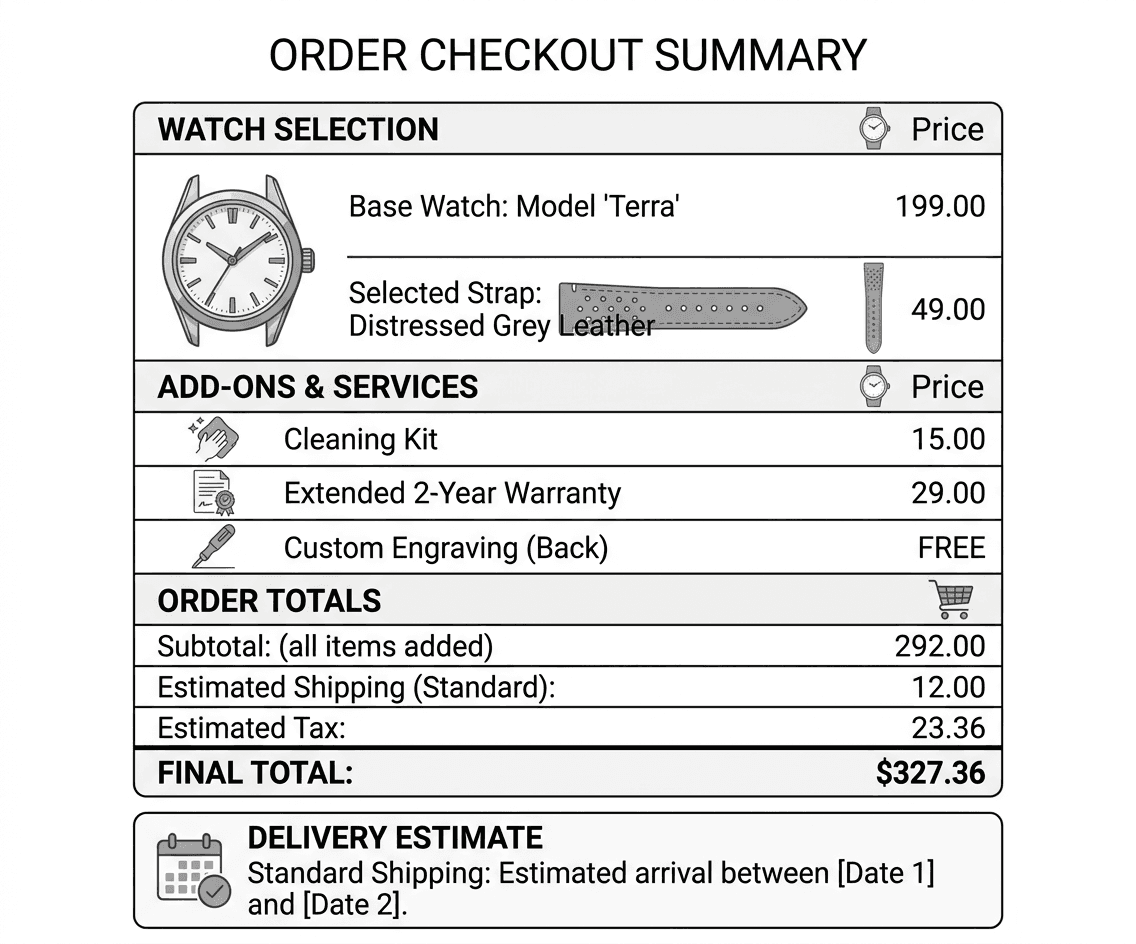 A checkout summary mock-up listing the base watch price plus selected strap and add-ons, showing a final total and delivery estimate.