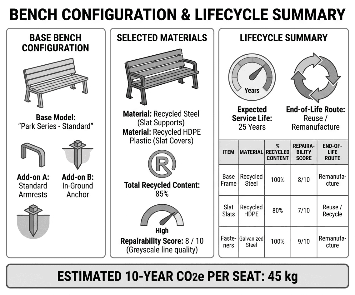 A screenshot of a review/summary page listing a base bench configuration and selected add-ons. A table shows the chosen material, recycled content, expected service life, repairability score, and an end-of-life route (reuse/remanufacture/recycle). A total "estimated 10-year CO2e per seat" value is shown at the bottom.