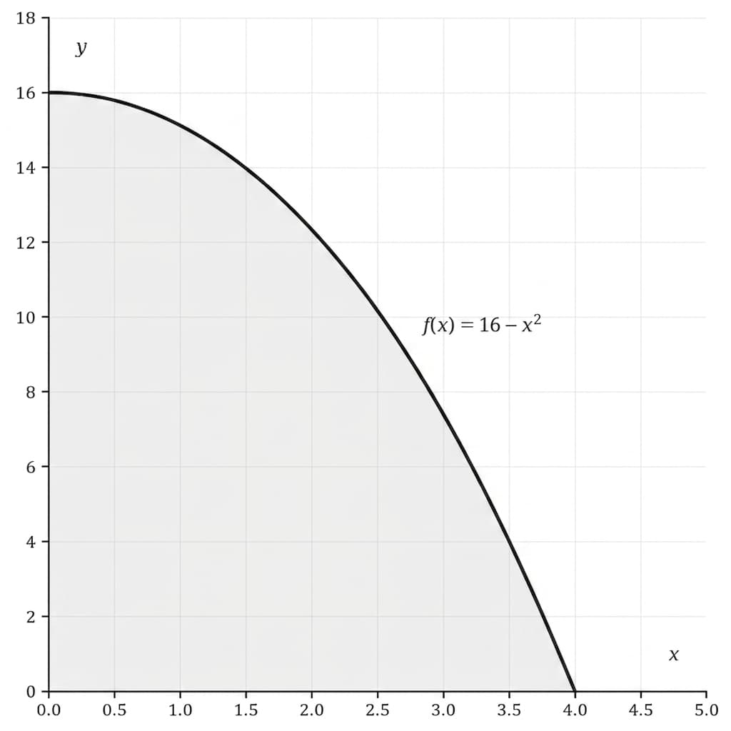 Graph of the curve y equals 16 minus x squared with the enclosed first-quadrant region shaded