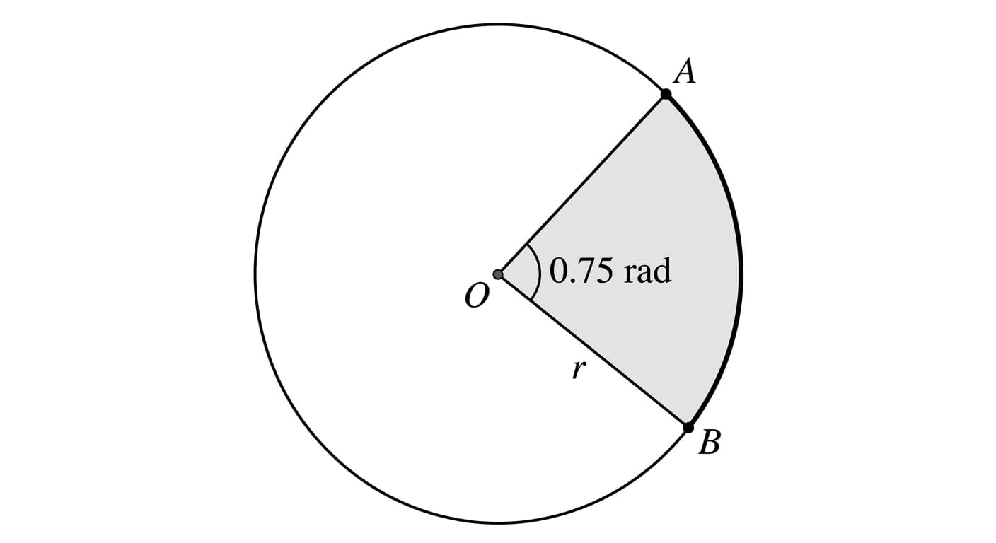 sector diagram with centre O, radius r, and angle 0.75 rad