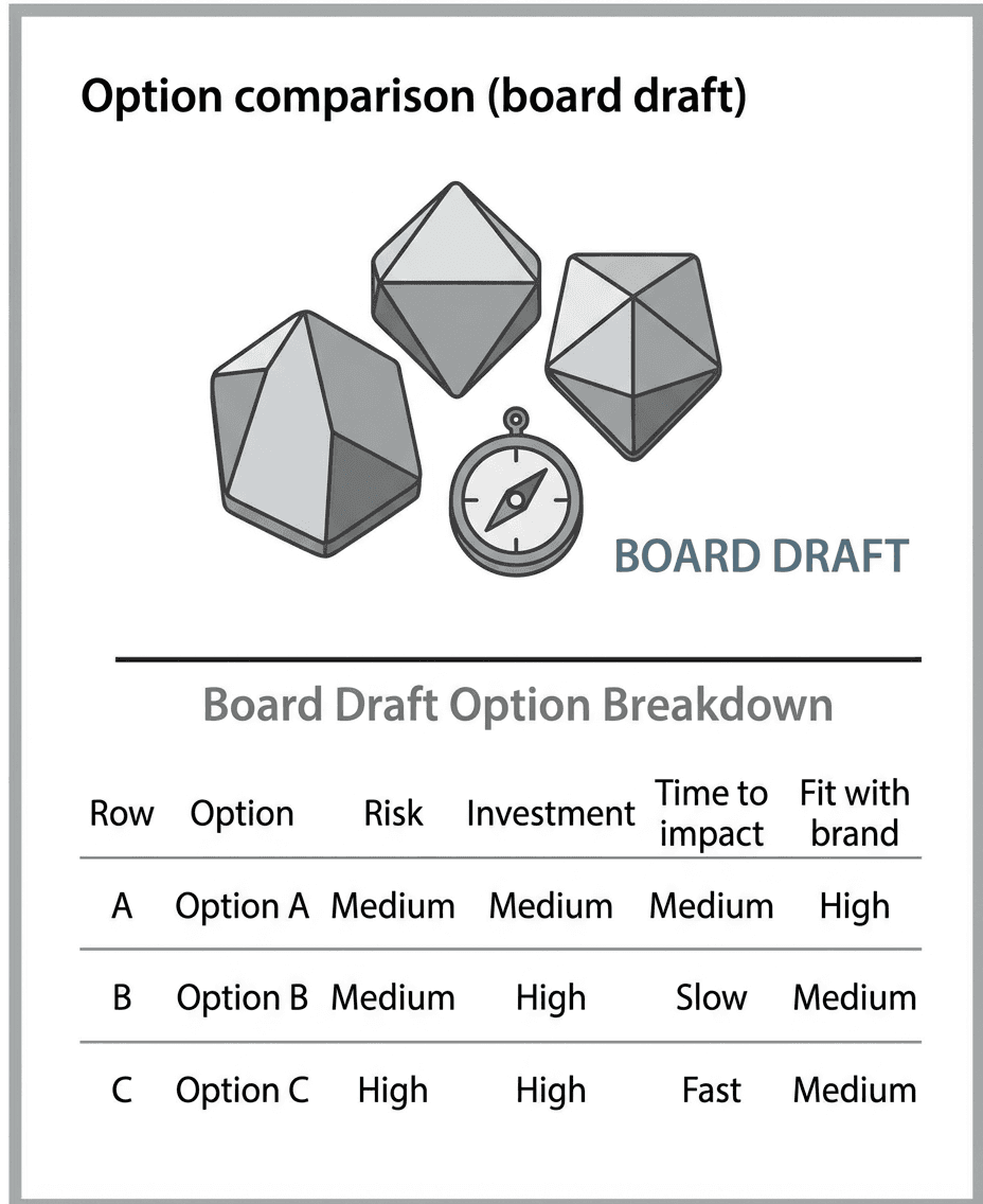 A table titled 'Option comparison (board draft)' listing three rows (A, B, C) and columns: 'Risk', 'Investment', 'Time to impact', 'Fit with brand'. Option A: medium/medium/medium/high. Option B: medium/high/slow/medium. Option C: high/high/fast/medium.