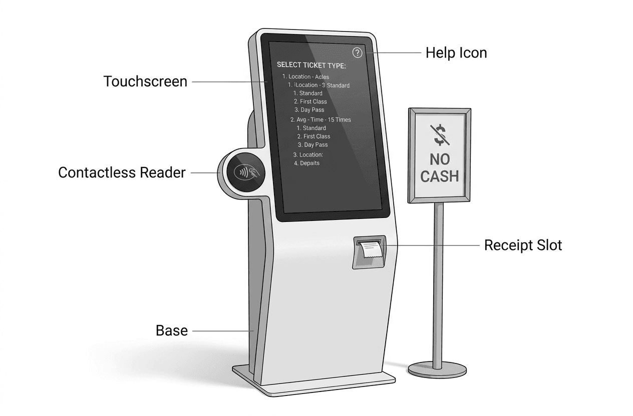 Sketch of a standing ticket kiosk: large touchscreen at eye level showing dense menu lists; small help icon in the top corner; contactless reader to the left of the screen; receipt slot low on the right; no physical buttons; a nearby sign says "No cash".