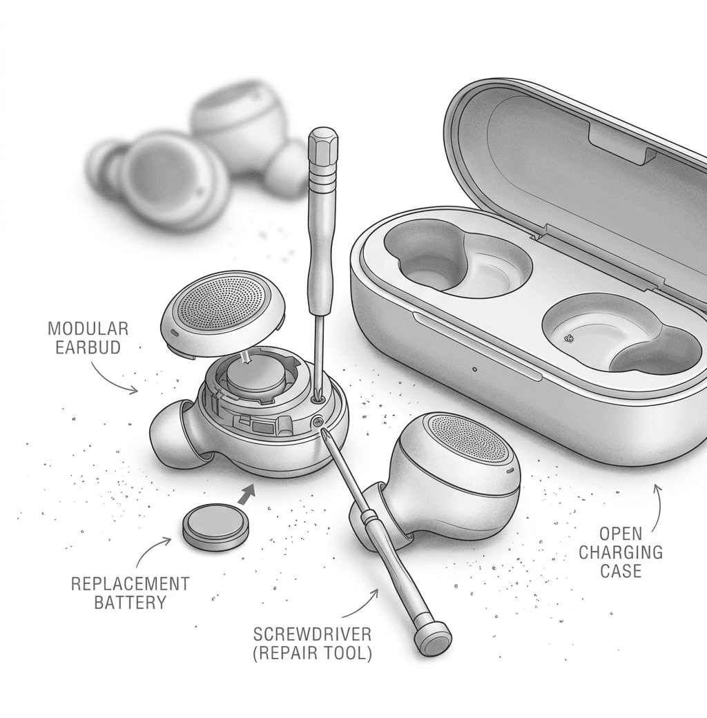 Photo of modular wireless earbuds next to an open charging case, with a small screwdriver and a replacement battery module indicating repairability.