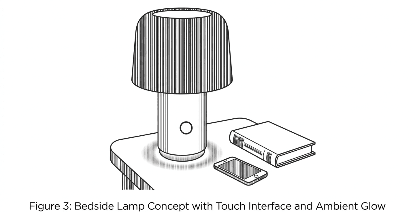 Figure 3: A bedside lamp concept on a small table. The lamp has a rounded fabric shade, a softly glowing base ring, and a single touch area on the base. Next to it are a phone and a book, suggesting a calm nighttime setting.