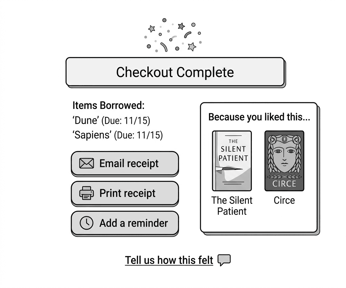 A confirmation screen showing "Checkout complete" with a small confetti animation. It lists borrowed items and due dates, and offers choices: "Email receipt", "Print receipt", and "Add a reminder". A panel titled "Because you liked this..." suggests two titles with cover thumbnails. A link reads "Tell us how this felt".
