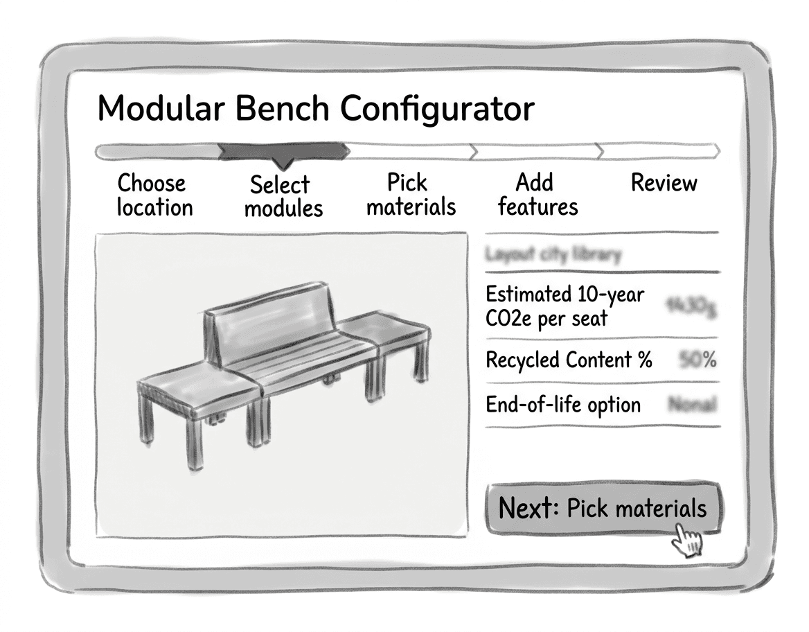 A screenshot of a "Modular Bench Configurator" page for a city library. A progress bar shows steps: Choose location, Select modules, Pick materials, Add features, Review. A panel shows estimated 10-year CO2e per seat, recycled content percentage, and end-of-life option. A "Next: Pick materials" button is highlighted.