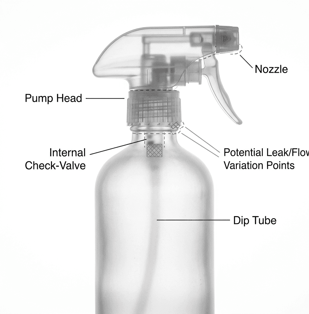 A diagram-style photo of a refillable trigger-spray bottle with the pump head, dip tube, nozzle, and a small internal check-valve highlighted, suggesting where leaks or flow variation could occur.