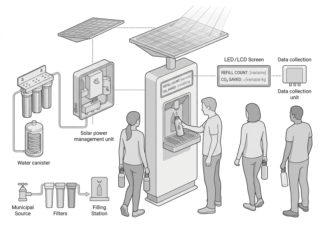 A concept render of a public water refill kiosk with a small solar panel canopy, a bottle-filling nozzle, and a simple screen showing “Refill count” and “CO2 saved”. People are using reusable bottles.