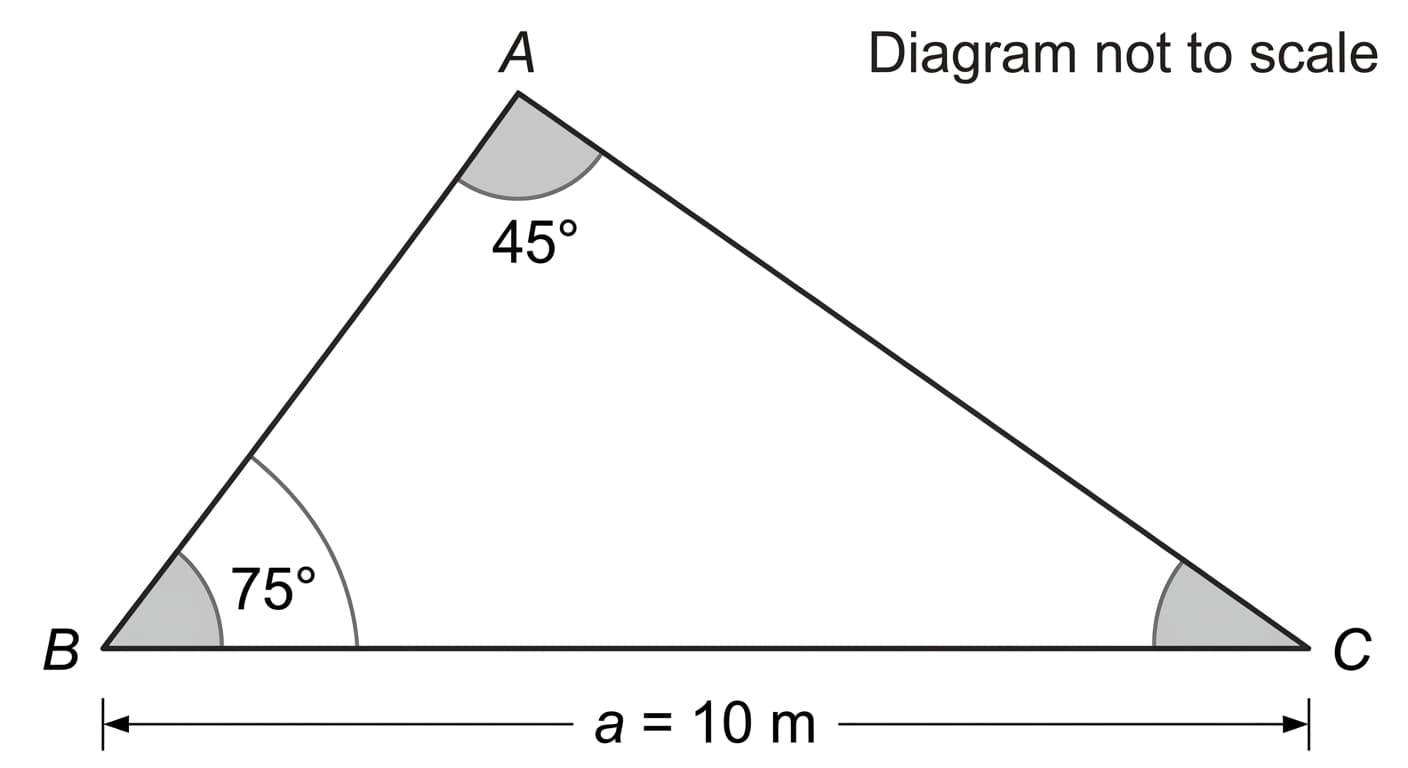 triangle diagram with angles 45° and 75° and side <span class="katex"><span class="katex-html" aria-hidden="true"><span class="base"><span class="strut" style="height:0.4306em;"></span><span class="mord mathnormal">a</span><span class="mspace" style="margin-right:0.2778em;"></span><span class="mrel">=</span><span class="mspace" style="margin-right:0.2778em;"></span></span><span class="base"><span class="strut" style="height:0.6444em;"></span><span class="mord">10</span></span></span></span> m