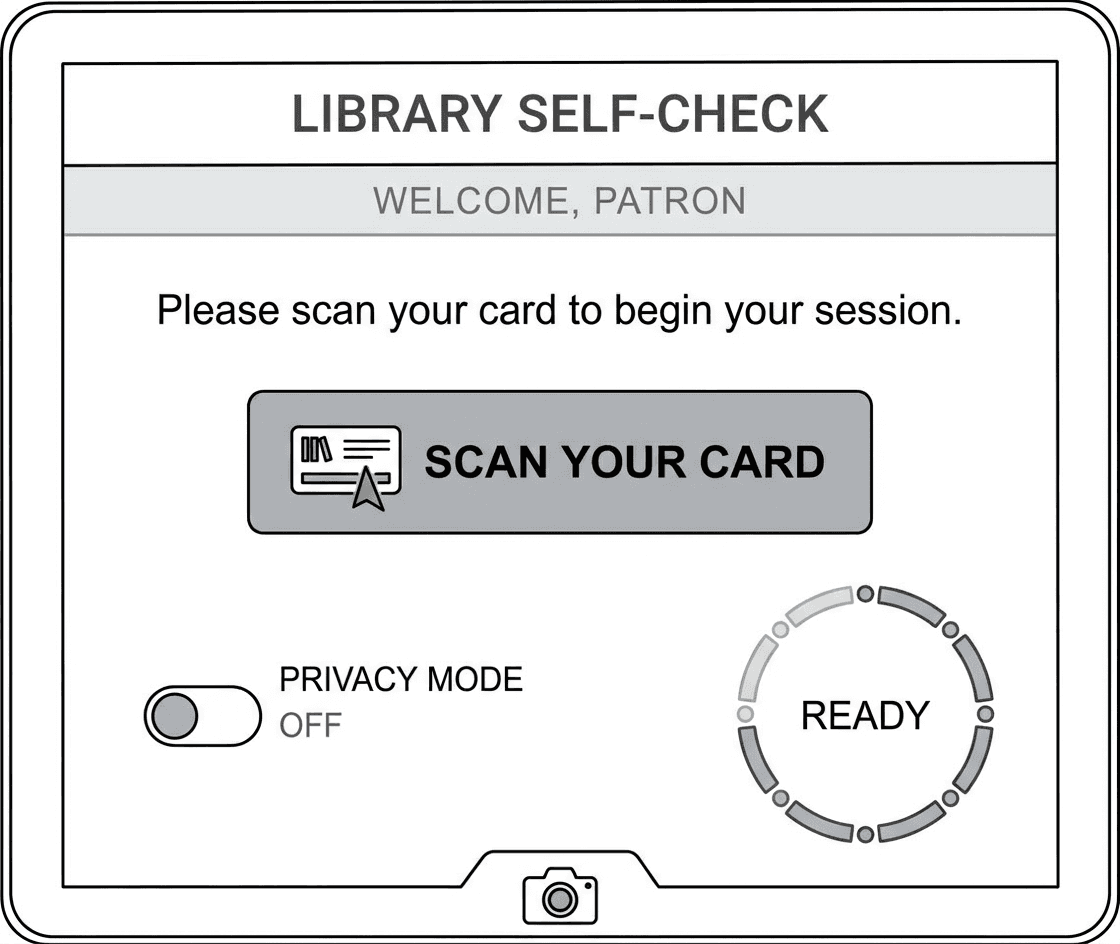 Library self-check kiosk interface showing a welcome message, a large ‘Scan your card’ button, a privacy mode toggle, and a calm animated progress ring.