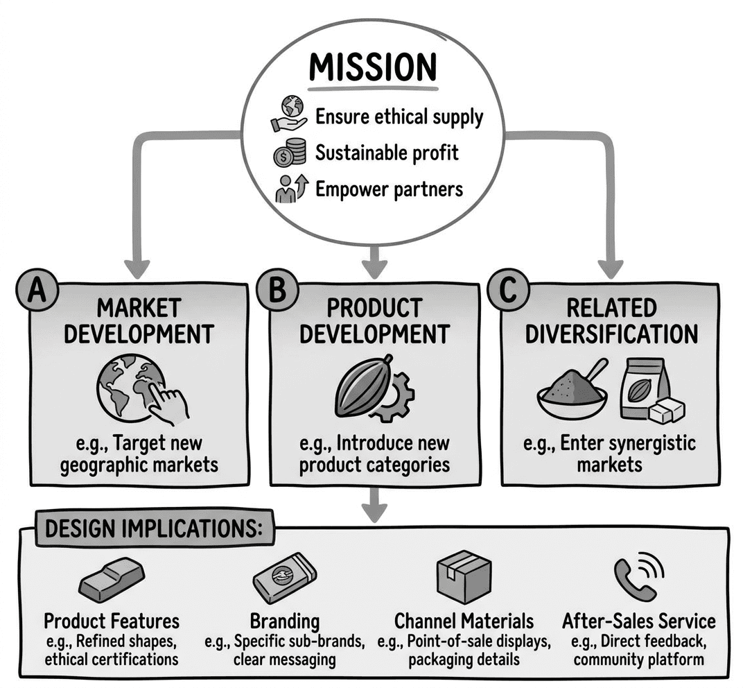 A simplified corporate strategy map on one page showing: Mission at the top, then Corporate objectives, then three strategy options (A market development, B product development, C related diversification), and at the bottom 'Design implications: product features, branding, channel materials, after-sales service'.