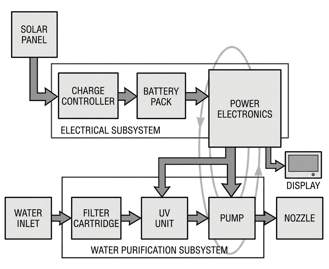A simplified block diagram of a refill station showing modules: solar panel, charge controller, battery pack, power electronics, pump, filter cartridge, UV unit, water inlet, nozzle, and a small display; arrows indicate electrical and water flow.