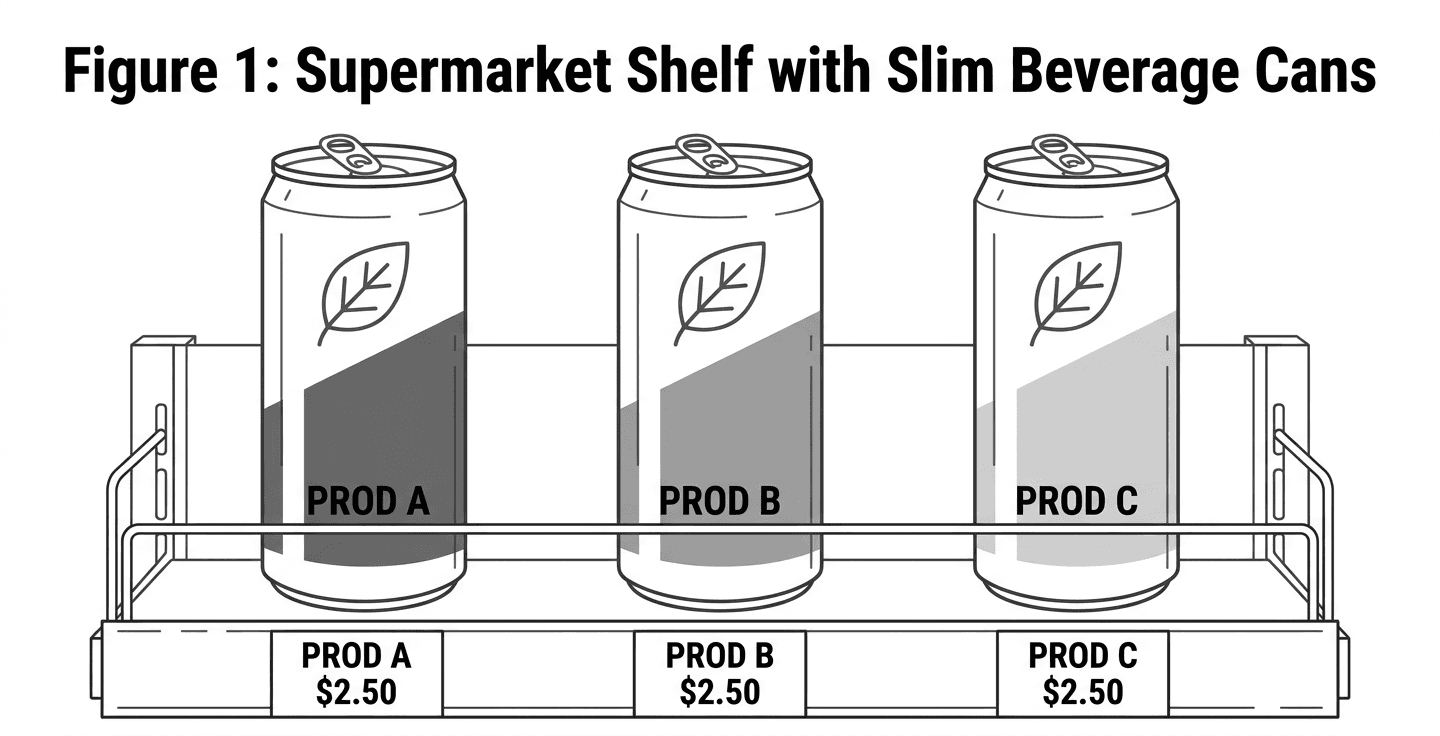 Figure 1: Three slim beverage cans on a supermarket shelf with bold colour blocks and a leaf-shaped icon, photographed front-on under bright retail lighting