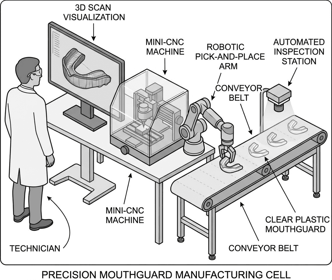 A technician viewing a 3D scan on a monitor beside a small CNC machine and a compact robotic arm placing a clear plastic mouthguard onto a conveyor for inspection.