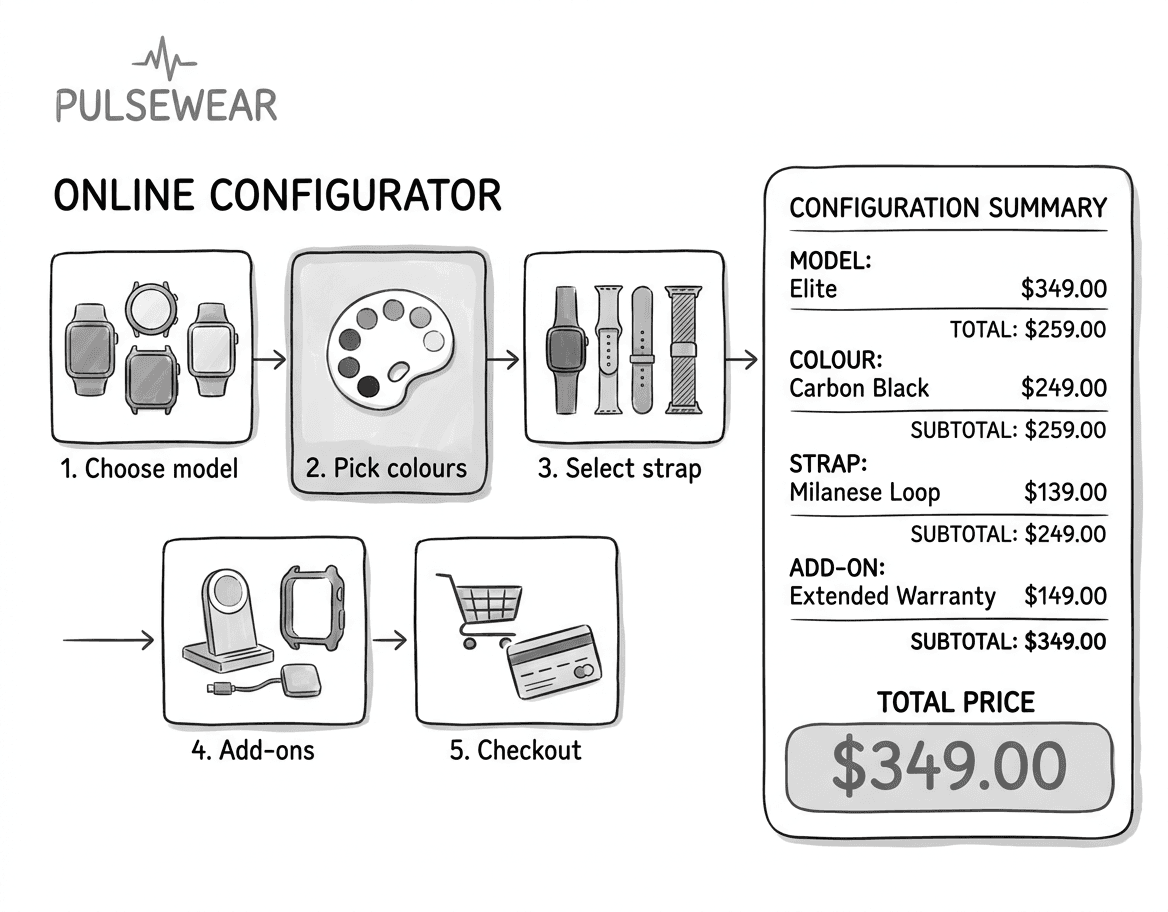 A webpage mock-up for the PulseWear online configurator showing steps 'Choose model', 'Pick colours', 'Select strap', 'Add-ons', and 'Checkout', with a running total price displayed on the right.
