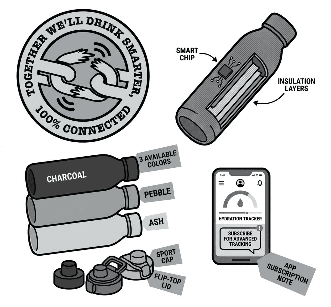 concept sheet showing a smart insulated bottle with two lid options, three colours, and an app subscription note