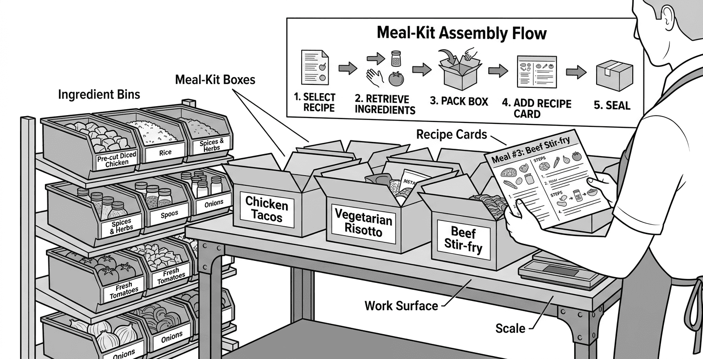 A packing bench with meal-kit boxes, recipe cards, and labelled ingredient bins ready for assembly