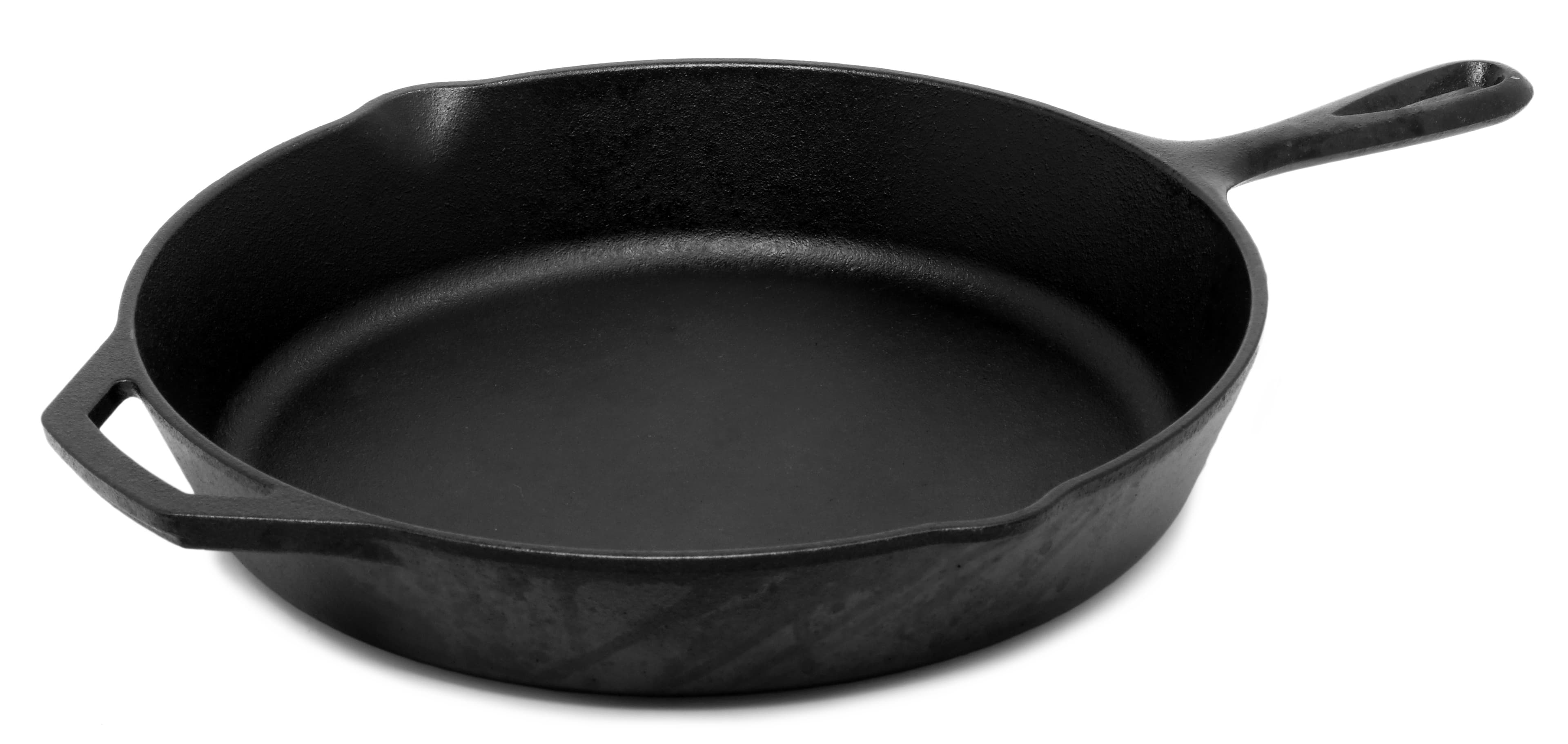 Cast iron frying pan photographed on a white background, with the handle cast in one piece from the same cast iron as the pan body