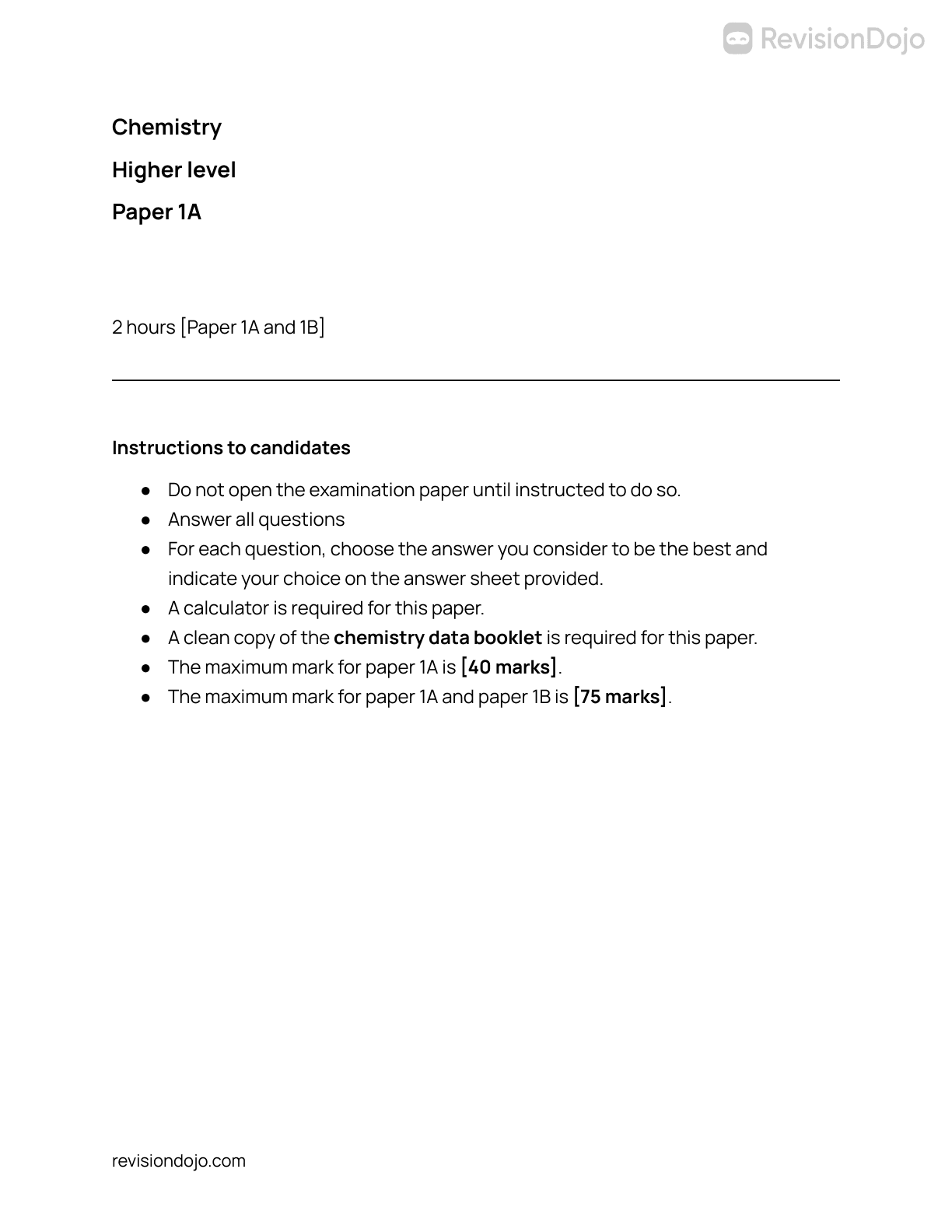 Free Chemistry HL Predicted Paper 1A cover and instructions
