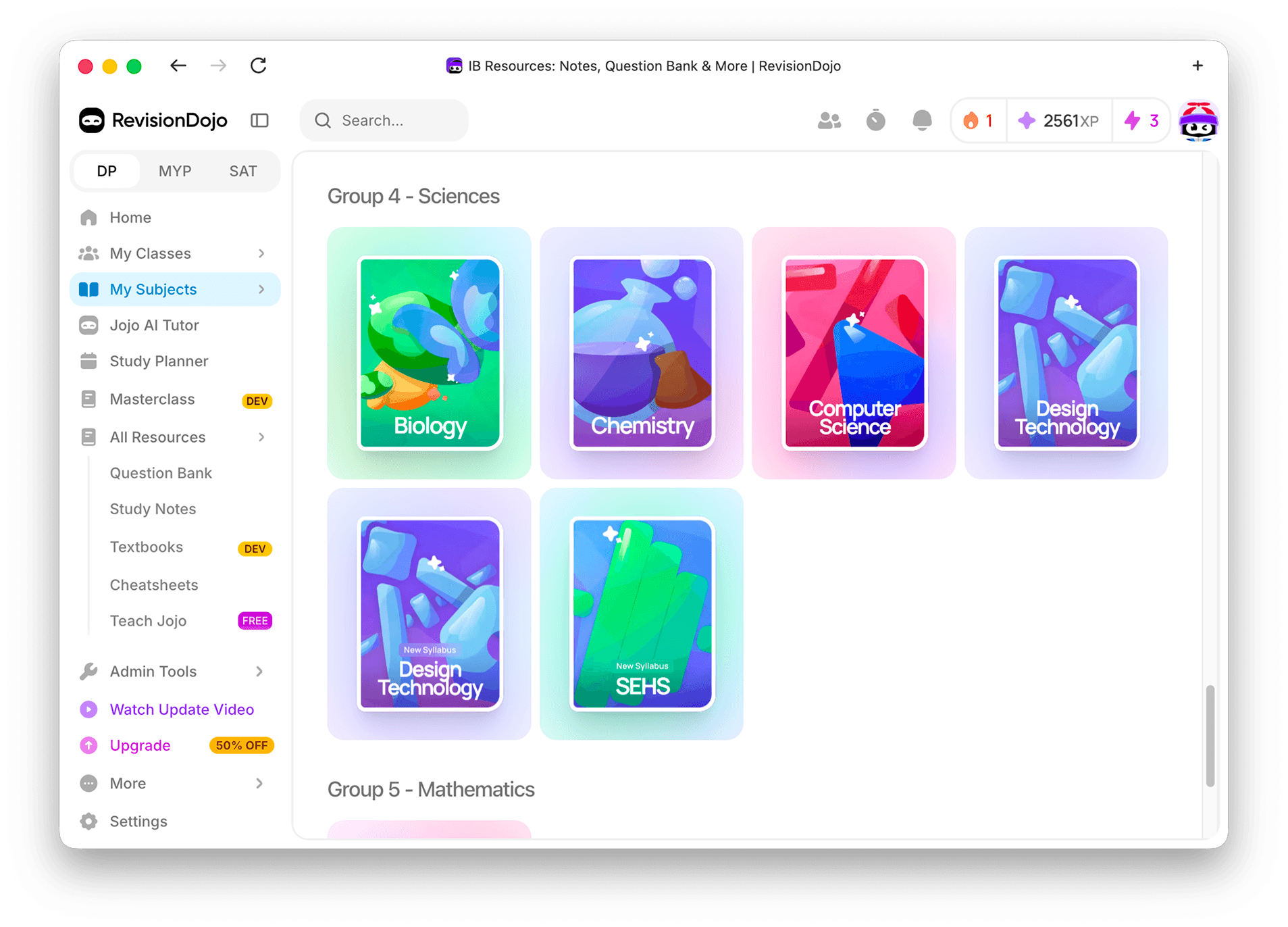 RevisionDojo Mac app showing IB subjects