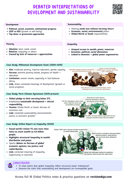 IB Global Politics 3.1 Debated Interpretations of Development and Sustainability Cheat Sheet