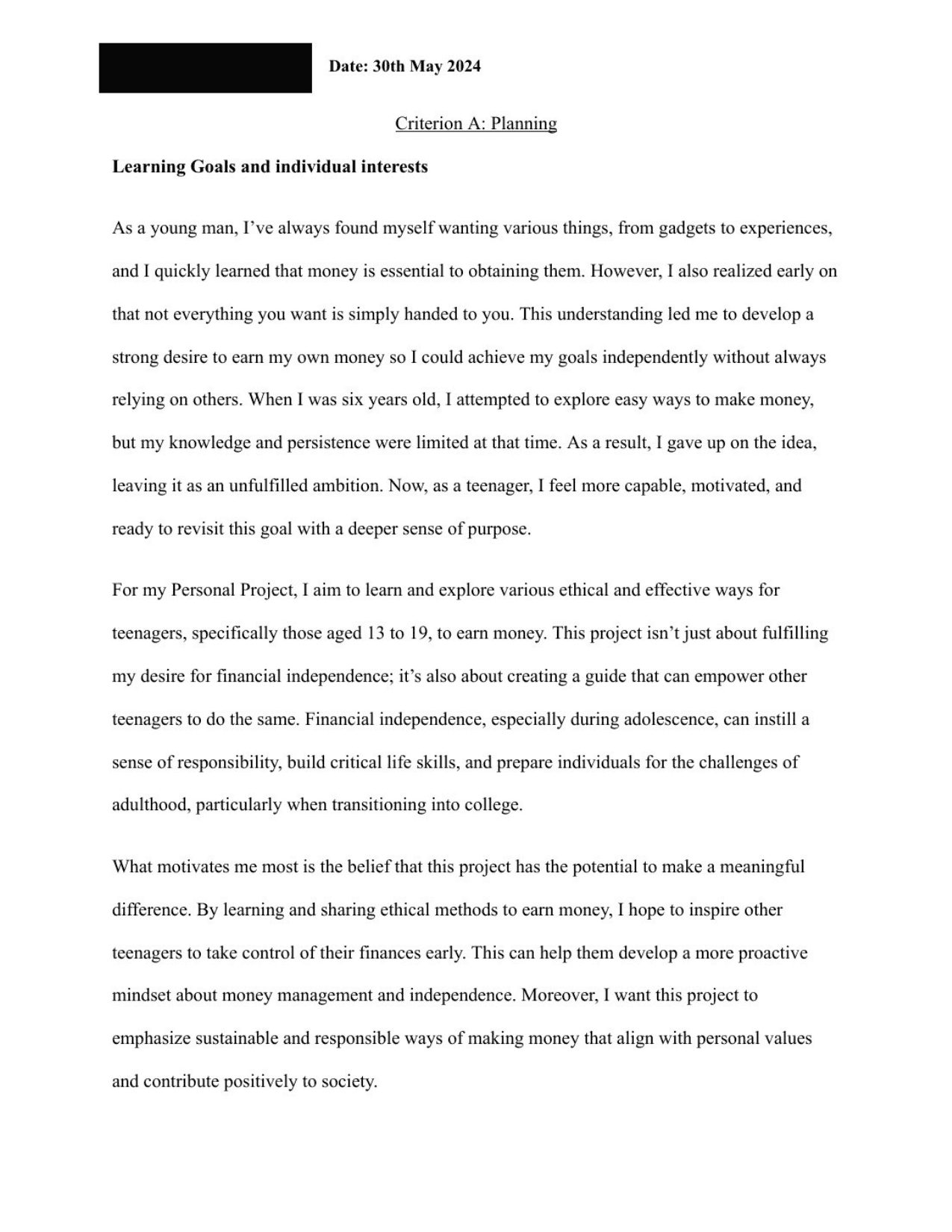 Make Bank w/ Trizzy - Personal Project (MYP) External Assessment exemplar