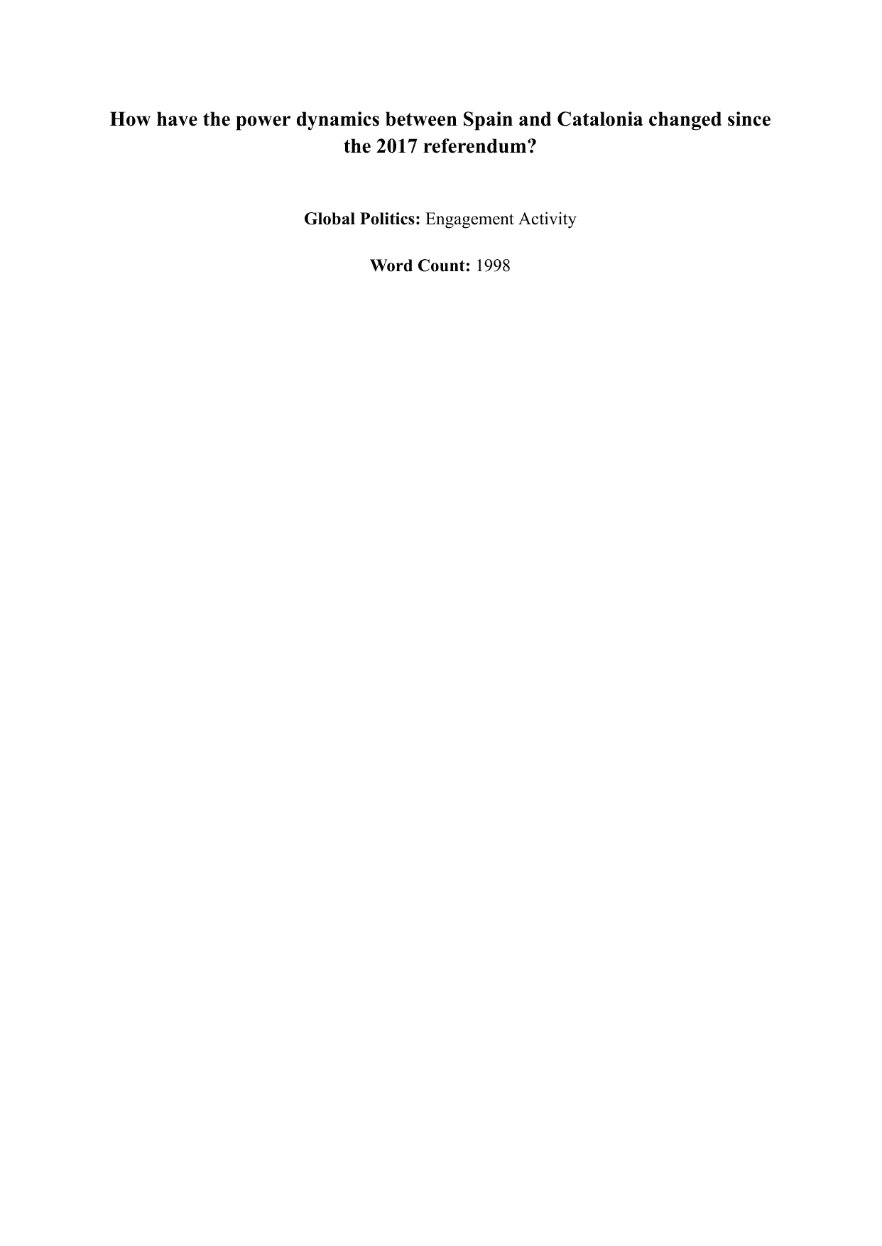 How have the power dynamics between Spain and Catalonia changed since the 2017 referendum? - Global Politics IA exemplar